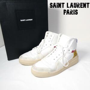 美品 SAINT LAURENT PARIS サンローランパリ 39.5 約24.5～25㎝ ミッドトップ スニーカー レザー キャンバス レースアップ オフホワイト