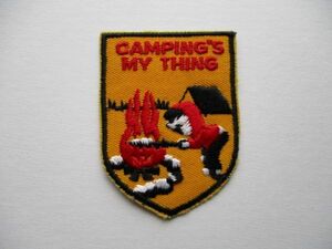 70s CAMPING'S MY THINGワッペン/キャンプファイアー焚き火マシュマロ刺繍PATCH自然キャンプCAMPアウトドアFIREアップリケ V193