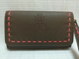 ☆美品☆ヴィヴィアン/小さめ長財布、スマホケース/オーブ点々抜きカーキ