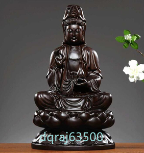 仏教美術 精密細工 木彫り 黒檀木 観音菩薩座像　仏像　置物