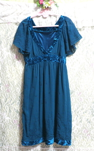 Tiefblaugrünes Negligé-Nachthemdkleid mit V-Ausschnitt und Tunika-Kleid, Knielanger Rock, Größe m