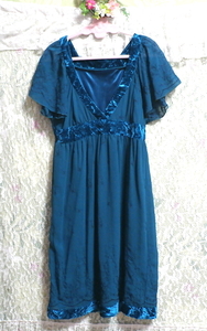 深青緑ブルーグリーンVネックネグリジェワンピースチュニックドレス Deep blue green V neck negligee tunic dress, ワンピース, ひざ丈スカート, Mサイズ