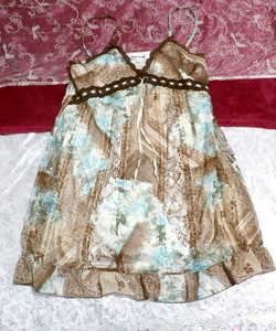 水色茶色花柄フリルネグリジェシフォンキャミソールワンピース Light blue brown floral pattern frill negligee chiffon camisole dress