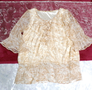 茶白ホワイトエスニック柄シフォンフリルチュニック/トップス Brown white ethnic pattern chiffon frills tunic/tops, チュニック, 長袖, Mサイズ