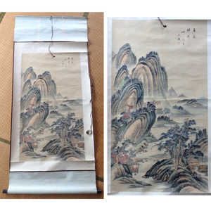 古い 掛軸 絹本 山水大中堂 中国画 在銘 在印
