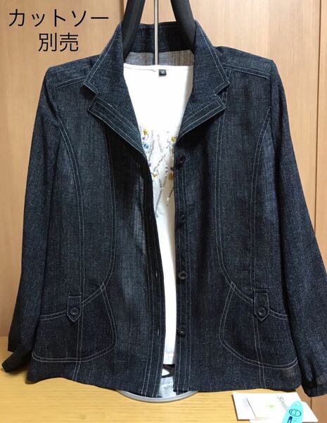 [新品] 激安・在庫処分　L 　レディースジャケット　ミセス・婦人ジャケット　デニム調ジャケット　日本製素材　紺ミックス色1969