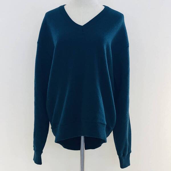 AS0182 美品 Via Cenisio ITALY ヴィアチェニージョ メンズ トップス ニット 長袖 Vネック M グリーン 緑 無地 ニューウール100% シンプル