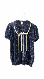 ARROW トップス ブラウス　半袖　リボン　紺色　レース　ロリータ 夏服　靴柄