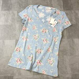 【新品・タグ付】CathKidston キャスキッドソン　ポルトガル製　花柄 半袖Tシャツ Vネック　総柄 コットンTシャツ 水色　サイズS