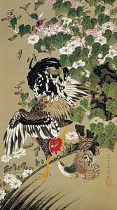 【フルサイズ版】伊藤若冲 芙蓉双鶏図 じゃくちゅう 生誕300年 壁紙ポスター 334×603mm はがせるシール式 019S2