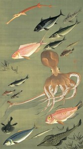 Art hand Auction [Vollformatversion] Ito Jakuchu Tiere und Pflanzen Aya-e School of Fish Illustration Octopus Octopus 300. Jahrestag Tapetenposter 336 x 603 mm abziehbarer Aufkleber 033S2, Malerei, Ölgemälde, Tierzeichnung