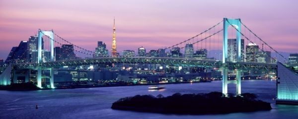 Tapetenposter im Malstil „Rainbow Bridge Dusk Night View Tokyo Tower, extragroß, Panoramaausgabe, 1440 x 576 mm (abziehbarer Aufkleber Typ 101P1)., Drucksache, Poster, Andere