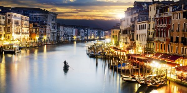 Venise Vue nocturne Ville d'eau Grand Canal Venise Italie Panorama Peinture Style Papier peint Poster Extra Large 1152 x 576 mm Autocollant pelable 009S1, imprimé, affiche, autres