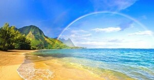 Art hand Auction Isla tropical, Playa, y Rainbow Harmony Hawaii Wave Rainbow Sea Painting Style Wallpaper Poster Edición extra grande 1105 x 576 mm (tipo adhesivo despegable) 008S1, impresos, póster, ciencia, Naturaleza