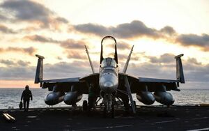 F/A-18E スーパーホーネット 夕暮れの空母帰艦 ファントム USS 絵画風 壁紙ポスター ワイド版603×376mm（はがせるシール式）009W2