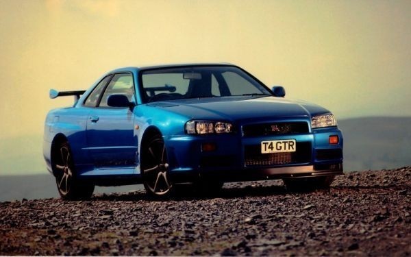 日产 GT-R R34 蓝色 1999 绘画风格壁纸海报宽版 603 x 376 毫米(可剥离贴纸型)003W2, 汽车相关商品, 按汽车制造商, 日产