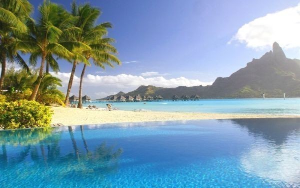 Tahiti Paradise View Resort Sea Mountain Healing Painting Style Wallpaper Poster Wide Version 603 x 376mm (Peelable Sticker Type) 016W2, printed matter, poster, others