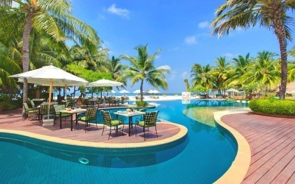 Maldives Poolside Terrace Sea Healing Resort Tapetenposter im Malstil, extra große, breite Version, 921 x 576 mm (Typ mit abnehmbarem Aufkleber) 009W1, Drucksache, Poster, Wissenschaft, Natur