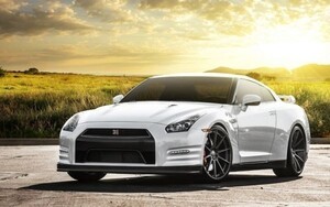 日産 GT-R R35 中期型 2012年 ホワイト 夕陽 ニッサン 絵画風 壁紙ポスター 特大ワイド版921×576mm（はがせるシール式）023W1