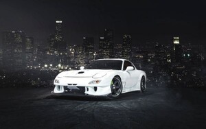 Art hand Auction 马自达 RX-7 白色夜景绘画风格壁纸海报超大宽版 921 x 576 毫米(可剥贴纸型)002W1, 汽车相关商品, 按汽车制造商, 马自达