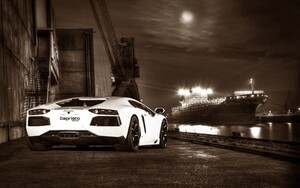 Art hand Auction Lamborghini Aventador LP700-4 White Night View Sepia Painting Style Wallpaper Poster Extra Large Wide Version 921 x 576mm Peelable Sticker 027W1, car, motorcycle, Automobile related goods, others