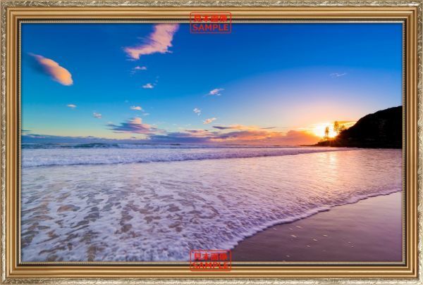 黄金海岸日落海滩大海【相框印花】绘画风格壁纸海报特大号866 x 585mm(可剥贴纸型)044SGC1, 印刷品, 海报, 其他的