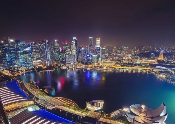 Vista nocturna de la Bahía Marina de Singapur, ¿Dónde está el Merlion Póster de papel pintado estilo pintura, versión A2, 594 x 420 mm (tipo adhesivo despegable) 001A2, impresos, póster, otros