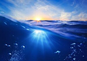 波 オーシャンブルーの大海原と日の出 朝陽 太陽 海 サーフィン 絵画風 新素材壁紙ポスター 特大A1版 830×585mm はがせるシール式 009A1, 印刷物, ポスター, 科学、自然