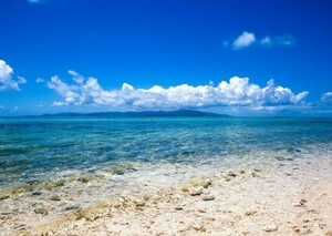 南国のビーチ 透き通る海と島と青空 絵画風 壁紙ポスター 特大A1版 830×585mm（はがせるシール式）024A1