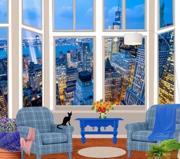 Marco de ventana de ventana, póster de papel tapiz estilo pintura con vista nocturna de Nueva York, 664mm x 585mm (tipo adhesivo despegable) 008S1, impresos, póster, otros