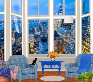 窓 窓枠 ニューヨーク 夜景 絵画風 新素材壁紙ポスター 664mm×585mm (はがせるシール式)008S1, 印刷物, ポスター, その他
