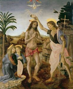 Art hand Auction [Full size version] Da Vinci & Verrocchio The Baptism of Christ 1475 Uffizi Gallery Wallpaper Poster 489 x 594 mm Peelable sticker type 008S2, painting, oil painting, religious painting