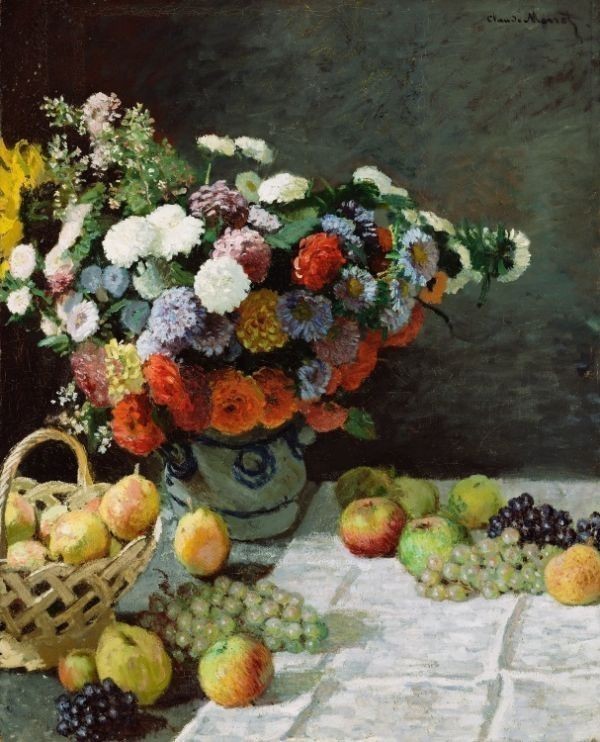 [Полноразмерная версия] Клод Моне «Натюрморт с цветами и фруктами», 1869 г., музей Дж. Пола Гетти, музей обоев, постер, 585 x 722 мм, отрывающаяся наклейка 021S1, рисование, картина маслом, натюрморт