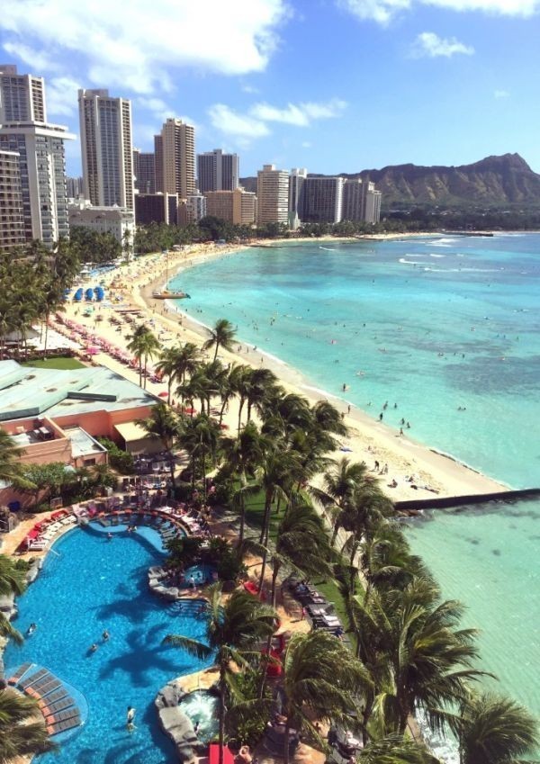 Póster de papel pintado estilo pintura de mar junto a la piscina de la playa de Hawaii Waikiki, versión extragrande A1, 585 x 830 mm (tipo adhesivo extraíble) 002A1, impresos, póster, ciencia, Naturaleza