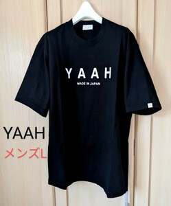 YAAH メンズL ヤア クルーネック ロゴプリント コットン 半袖Tシャツ 日本製 