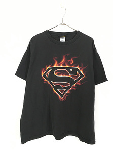 古着 00s USA製 SUPER MAN スーパーマン 「S」 マーク ファイヤー Tシャツ XL 古着