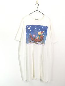 レディース 古着 USA製 CLASSIC POOH プーさん ピグレット 冬 夜空 アート プリント キャラクター Tシャツ ワンピース ひざ丈 XL位 古着