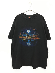 古着 90s USA製 HARLEY DAVIDSON オオカミ ウルフ ブルー シールド Tシャツ XXL 古着