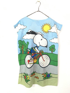 レディース 古着 80s SNOOPY スヌーピー 自転車 サイクリング プリント ノースリーブ Tシャツ ワンピース ミニ丈 XL位 古着