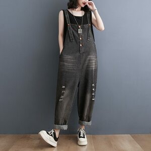 デニム　オーバーオール　女性　ポケットあり　ワイド　脚　ダメージ　サロペット　 black jumpsuit　XXL