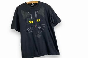 グッドプリント!!～90sビンテージUSA製ブラックキャット大判プリントオールコットンTシャツXL黒ネコ猫アニマルアメカジストリートnr23577