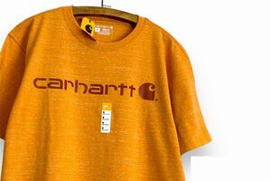 フラッシャー付きデッドストックCarharttカーハートルーズフィットロゴプリントTシャツM霜降りオレンジワークアメカジストリートnr23767