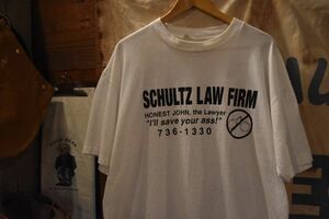 グッドプリントUSA製アメリカ製90SビンテージONEITAオニータボディSCHULTZ LAW FIRM法律事務所プリントTシャツXLオールコットンn23606