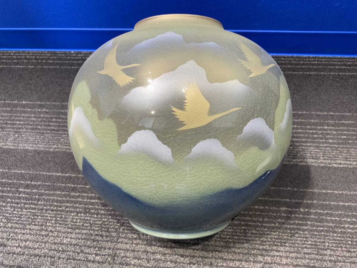 九谷焼吉臣作雲海鶴9号花台付き大花瓶高さ20cm 色絵花瓶花器壺木箱入り