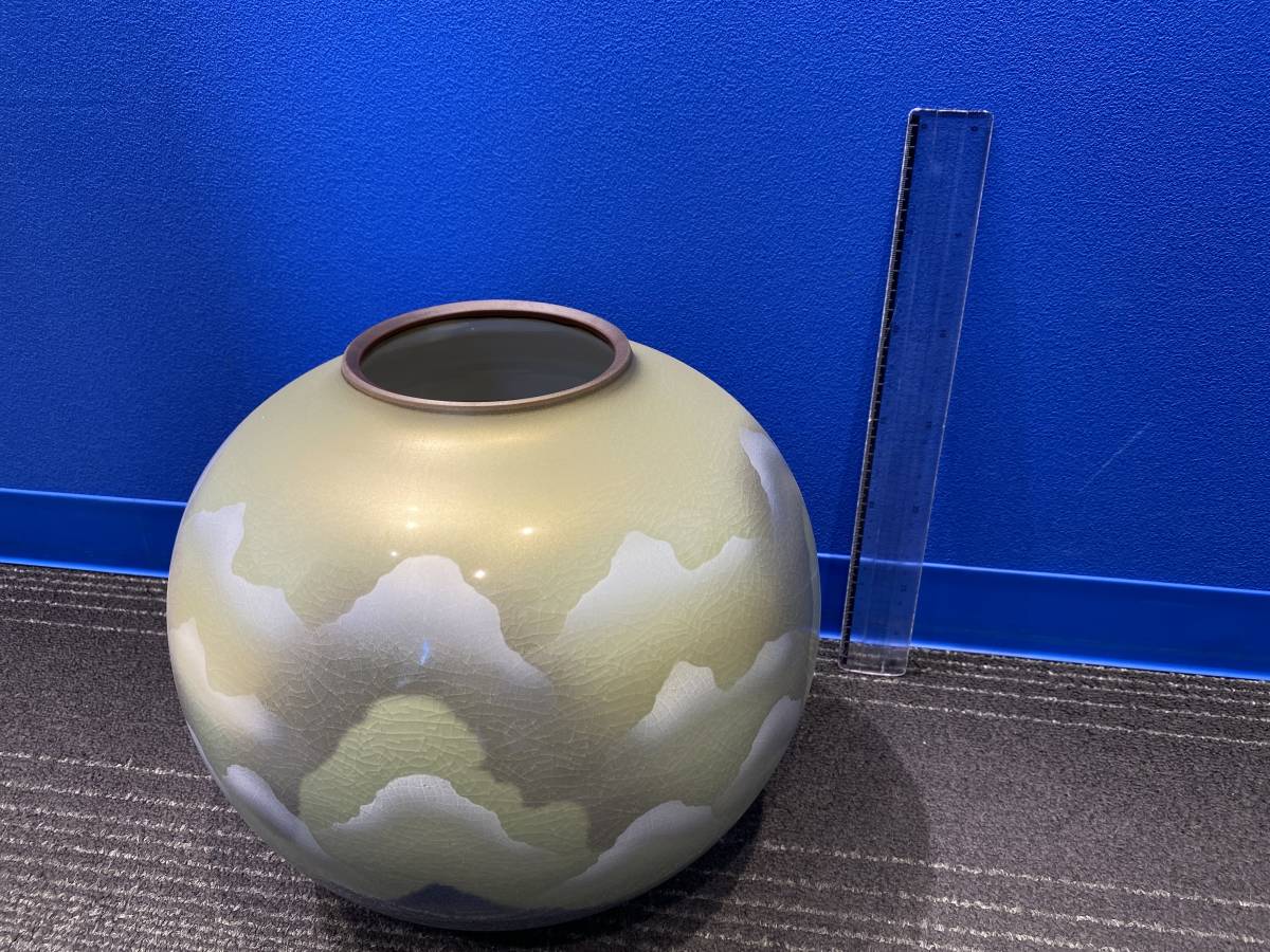 九谷焼吉臣作雲海鶴9号花台付き大花瓶高さ20cm 色絵花瓶花器壺木箱入り