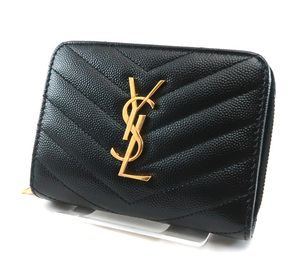 美品 サンローラン コンパクト財布 レザー カサンドラ マテラッセ コンパクトジップ SAINT LAURENT ブラック ref.668288　/32528