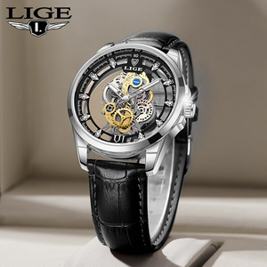 【Silver black L】メンズ高品質腕時計 海外人気ブランド Lige スケルトン 防水 クォーツ式 レザーバンド