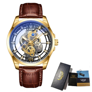 【Gold black brown】メンズ高品質腕時計 海外人気ブランド Lige スケルトン 防水 クォーツ式 レザーバンド