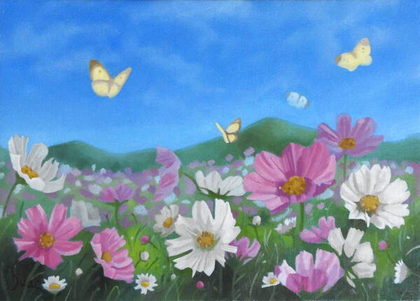 油彩画 SM号 周防知秋【山のふもとの花畑】風景画「真作」
