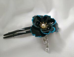  ornamental hairpin . black blue . flower pearl Japanese clothes yukata * kimono .U character hair ornament hair accessory 